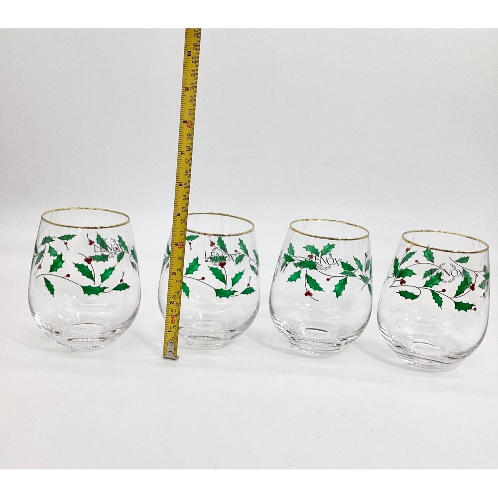 Lenox Christmas Wine Glasses, Set of 8: Gold Rim Holly Barware  (TBL) - Picture 9 of 11